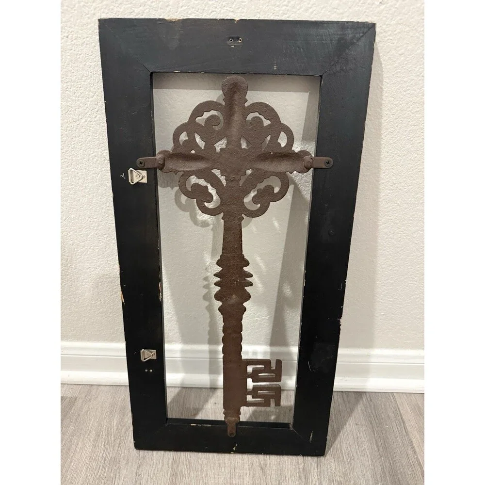 ornate Rustic cast iron skeleton Key Mounted Inside Wooden Frame 22”* 11”* 1”